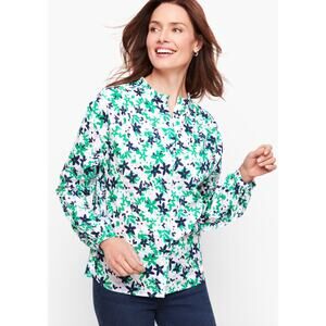 Talbots Womens M White Blue Floral Feminine Button Up Lightweight Cotton Shirt